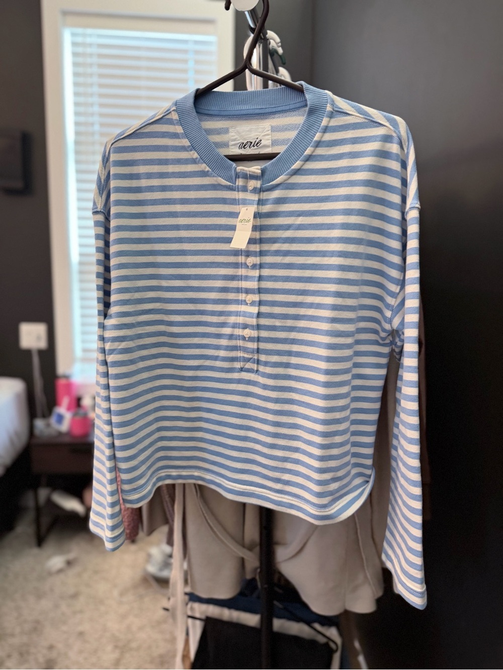 4. Aerie | Blue and White Stripe Long-Sleeve button sweater | XS